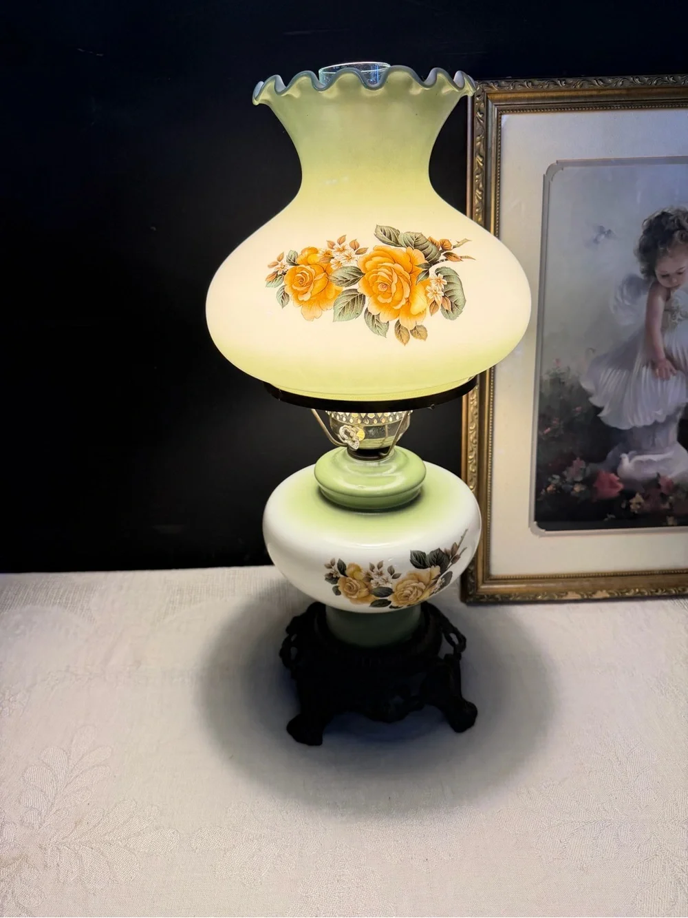 Vintage Floral Hurricane Lamp in Yellow, Green & White